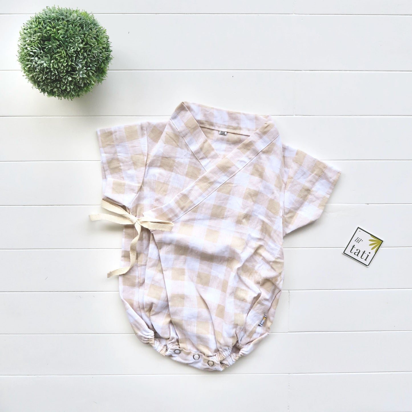 Sakura Kimono Onesie in Beige Checkered Linen - Lil' Tati