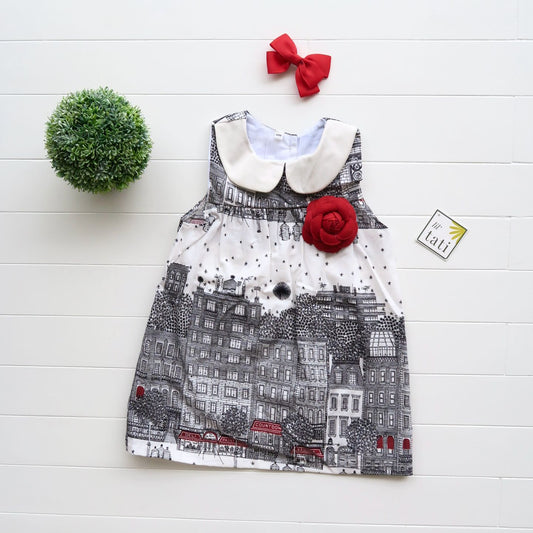 Tea Rose Dress in Skyline Red Print - Lil' Tati