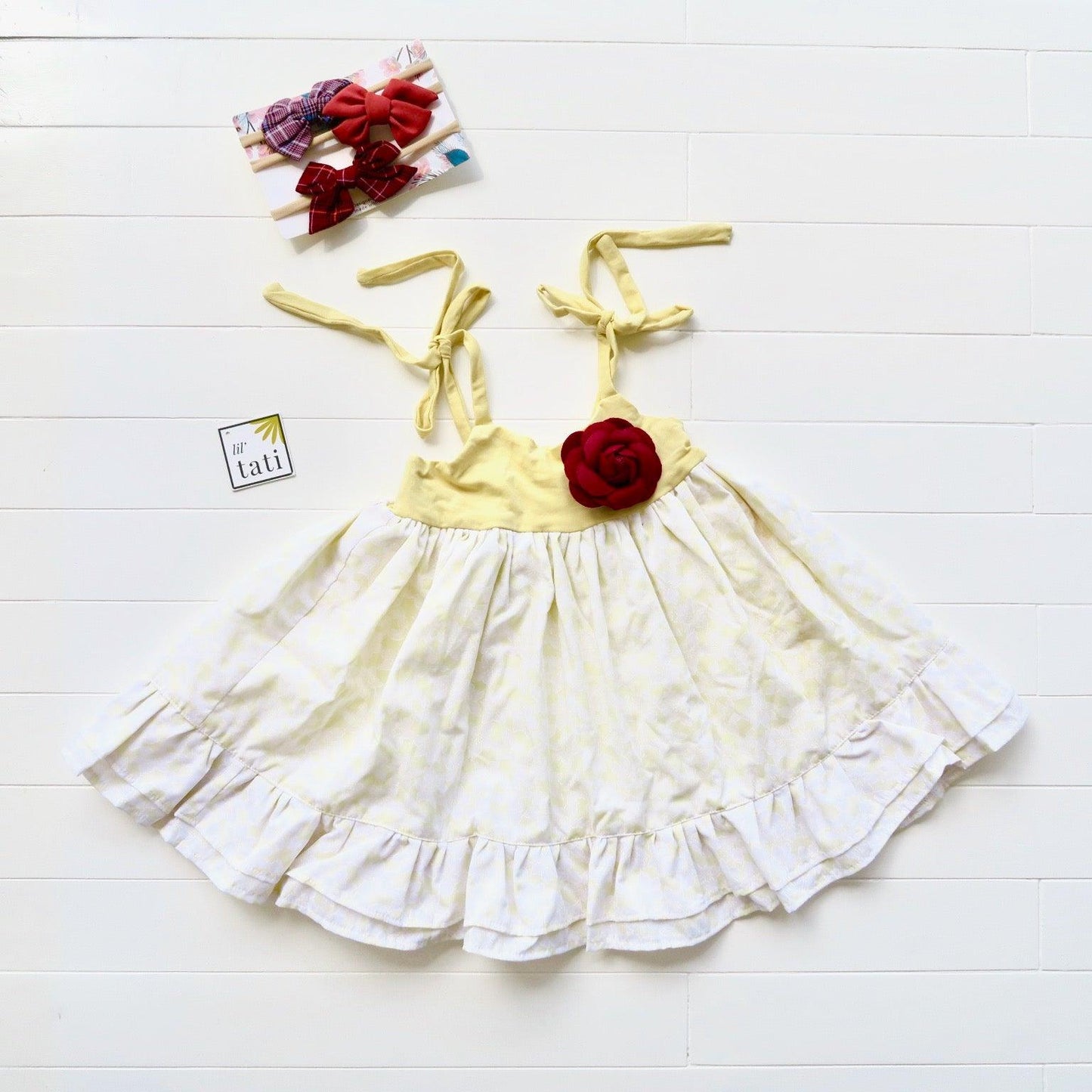 Dahlia Dress - Tie-Strap in Lil' Tati - Yellow Flower and Yellow Cotton Stretch - Lil' Tati