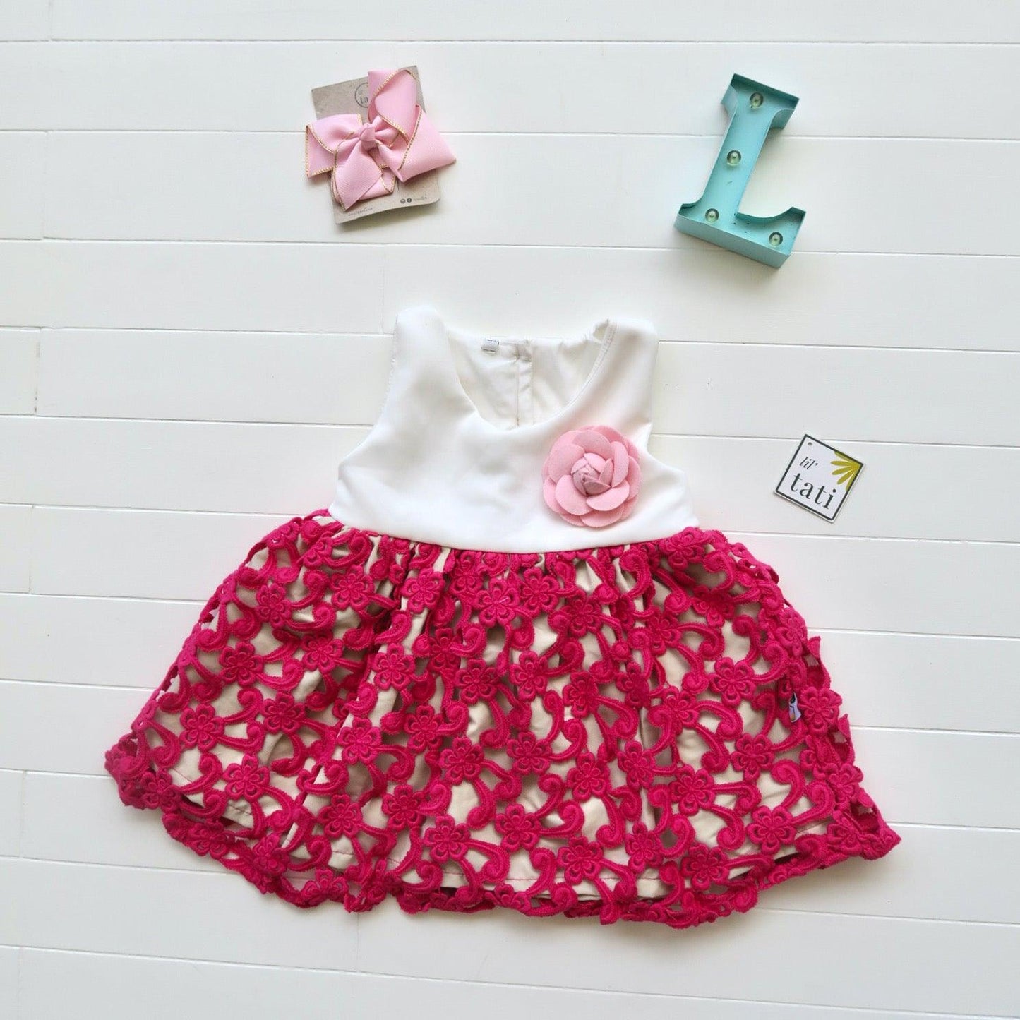 Iris Dress in White Neoprene & Magenta Swirl Lace - Lil' Tati