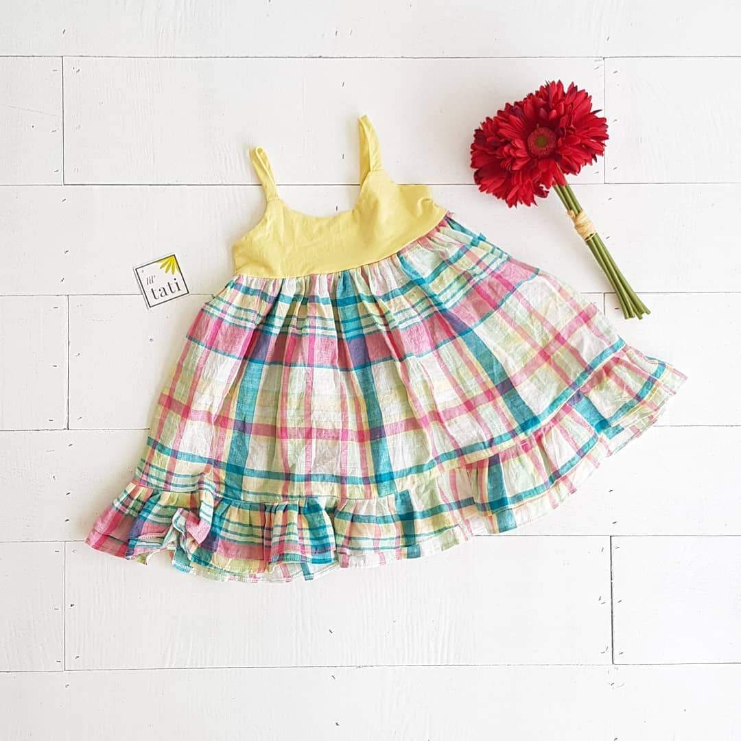Dahlia Dress in Yellow Stretch and Bright Plaid - Lil' Tati