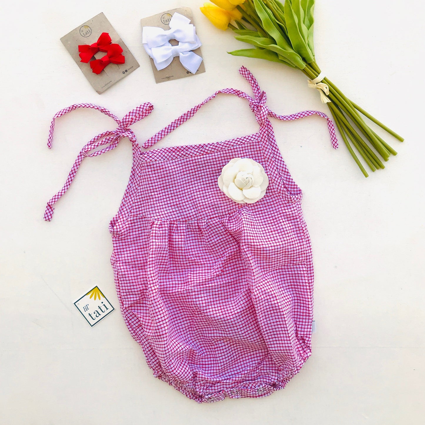 Lily Playsuit in Red Tattersall - Lil' Tati