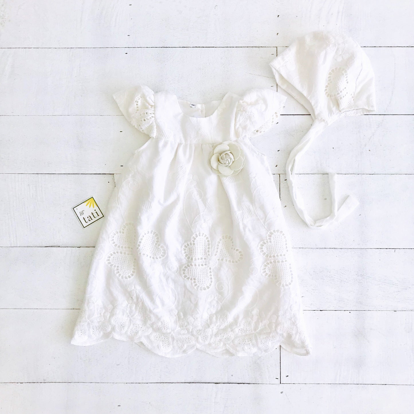 Magnolia Christening Set in Hearts Eyelet White - Lil' Tati