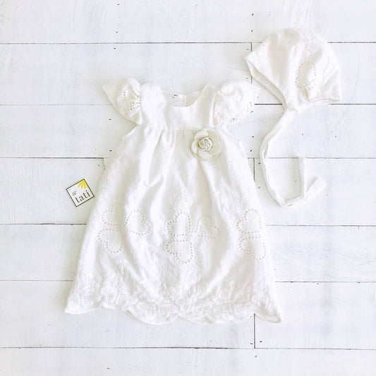 Magnolia Christening Set in Hearts Eyelet White - Lil' Tati