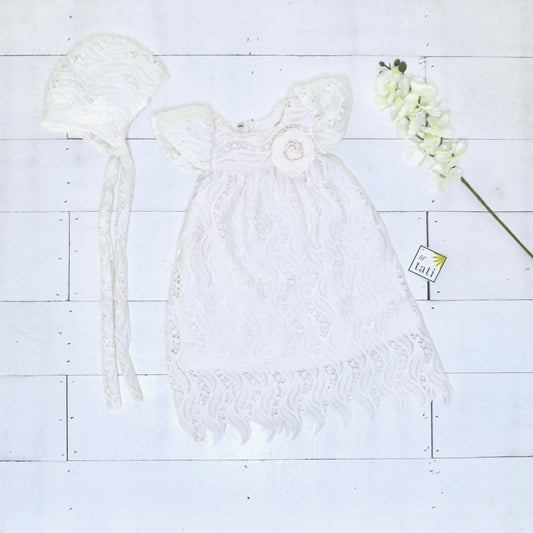 Magnolia Christening Set in Wavey Cotton Lace - Lil' Tati