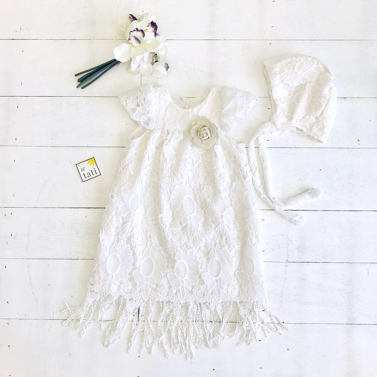 Magnolia Christening Set in White Sunflower Lace - Lil' Tati