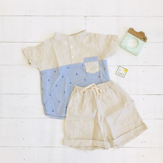 Maple Top & Shorts in Anchor Stripes and Beige Linen - Lil' Tati