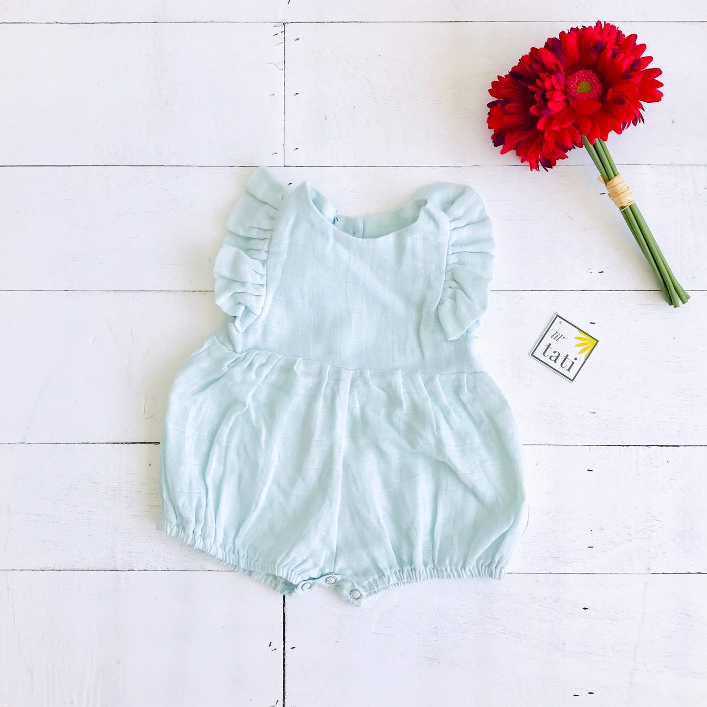 Orchid Playsuit - Ruffle Sleeves in Organic Muslin - Blue - Lil' Tati