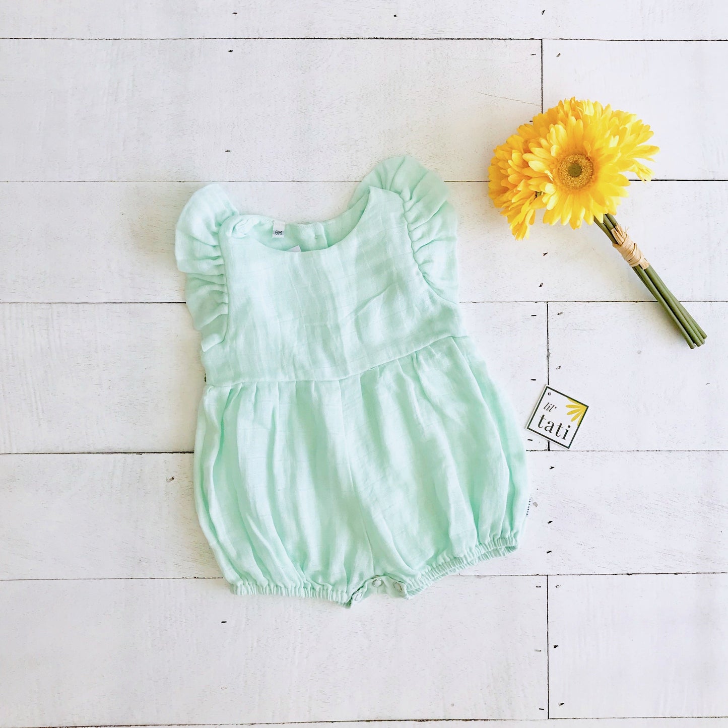Orchid Playsuit - Ruffle Sleeves in Organic Muslin - Mint - Lil' Tati