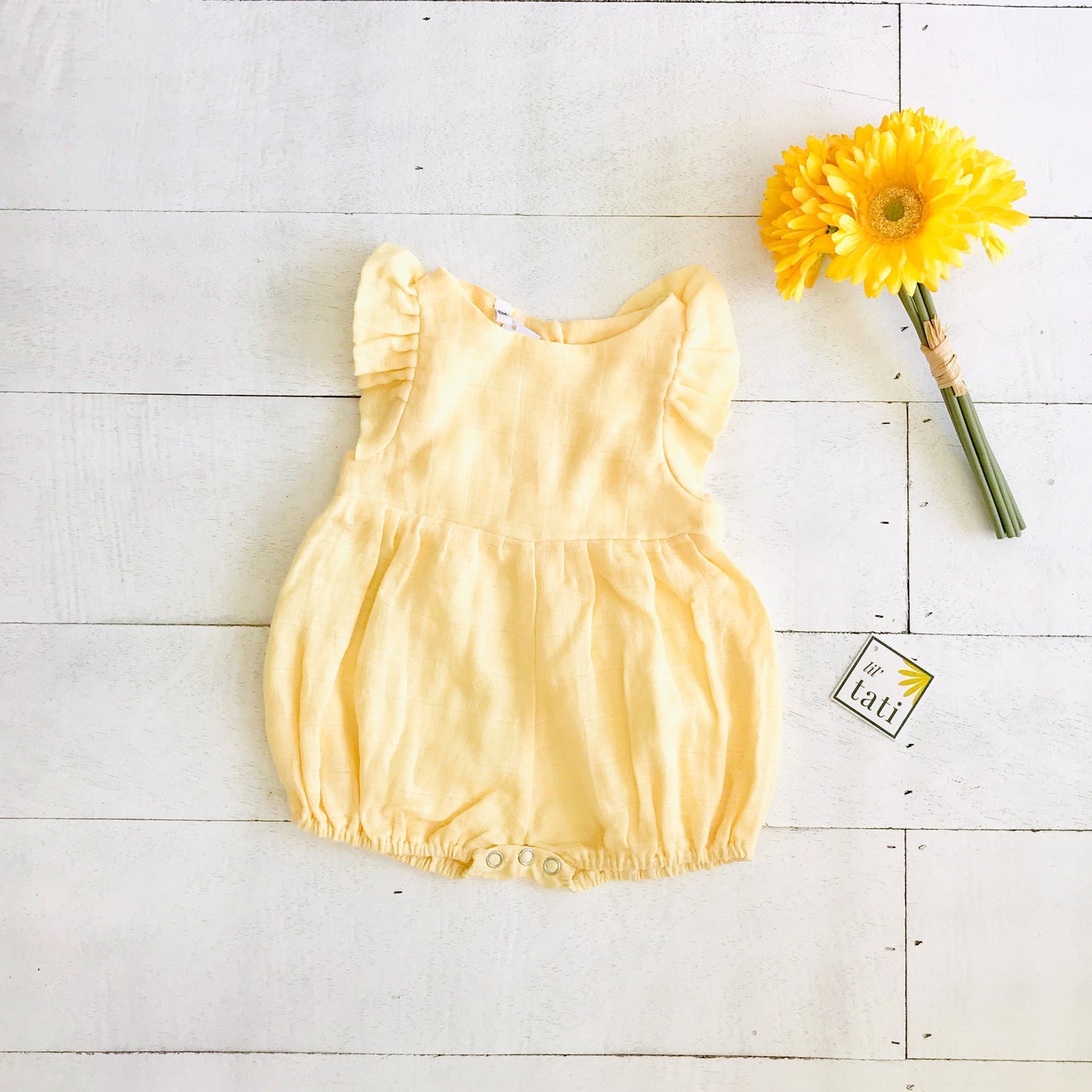 Orchid Playsuit - Ruffle Sleeves in Organic Muslin - Yellow - Lil' Tati