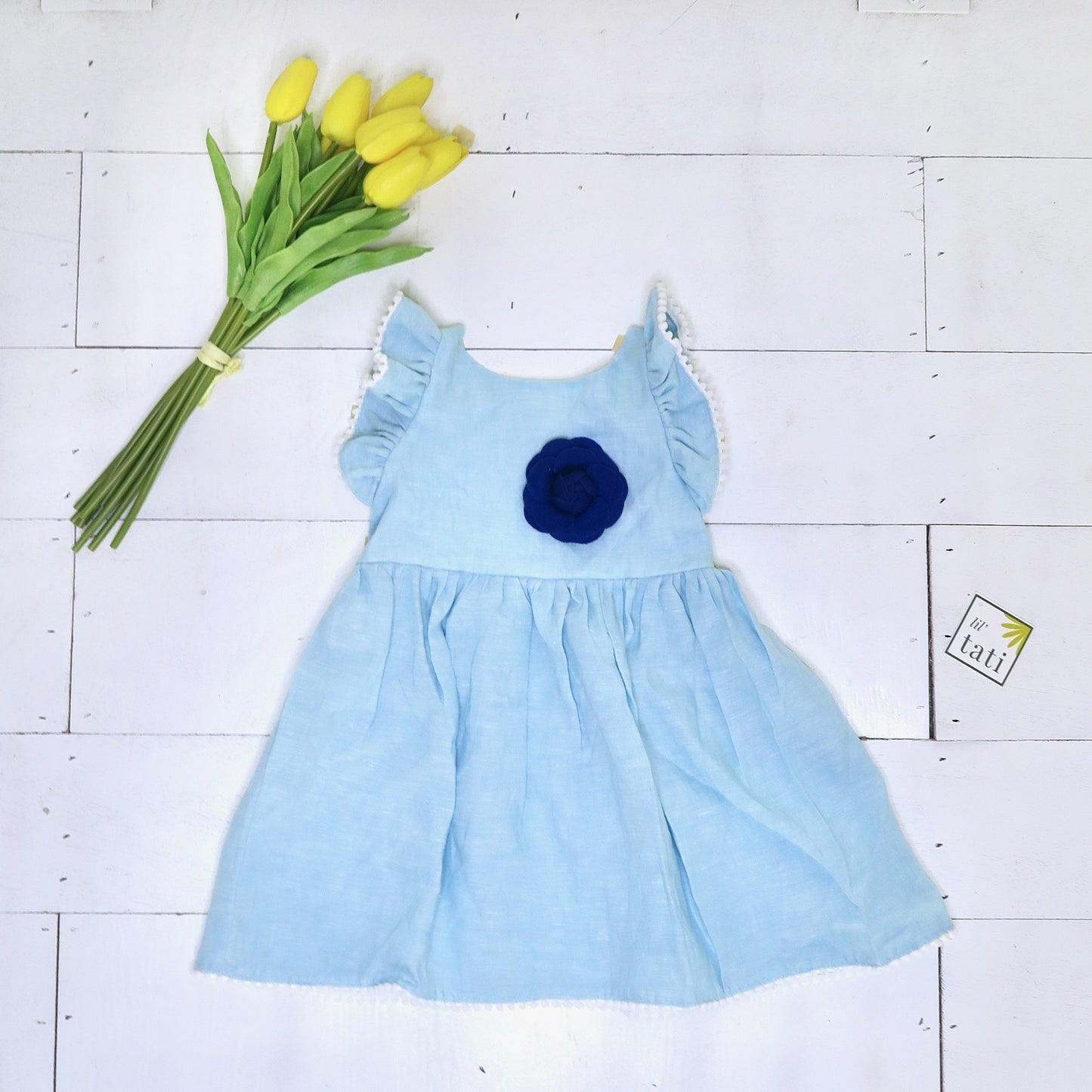 Periwinkle Dress in Light Teal Linen - Lil' Tati