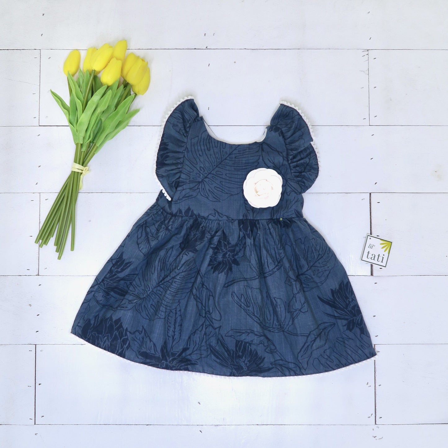 Periwinkle Dress in Navy Tropical Plants Print - Lil' Tati