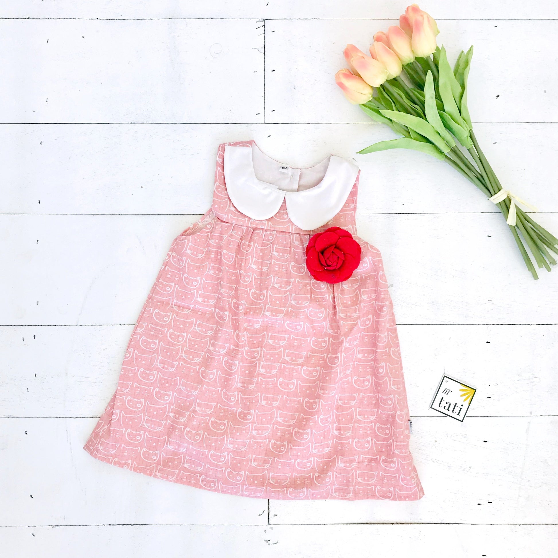Tea Rose Dress in Cat Stamp Pink Print - Lil' Tati