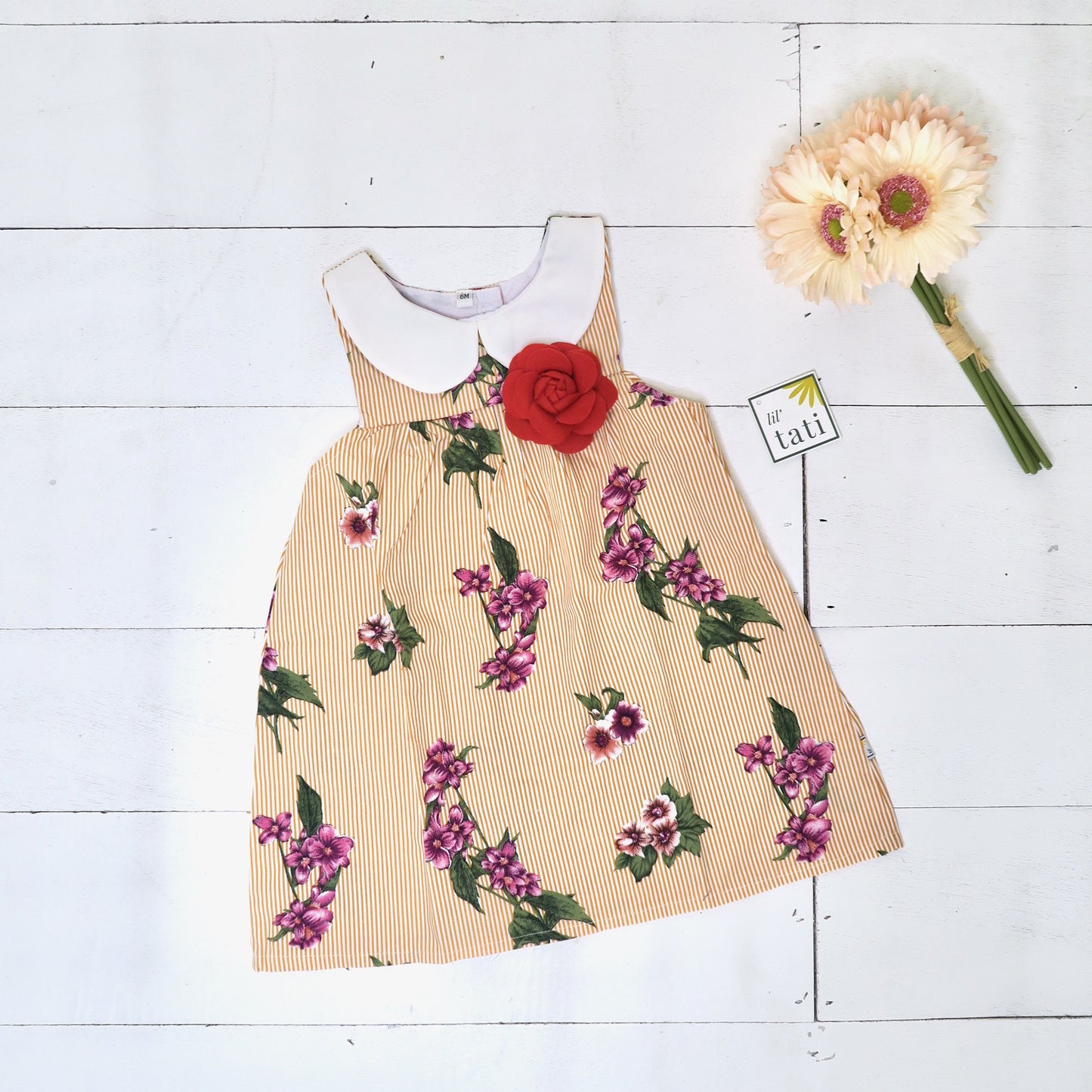 Tea Rose Dress in Orange Stripes Bloom Stripes Print - Lil' Tati