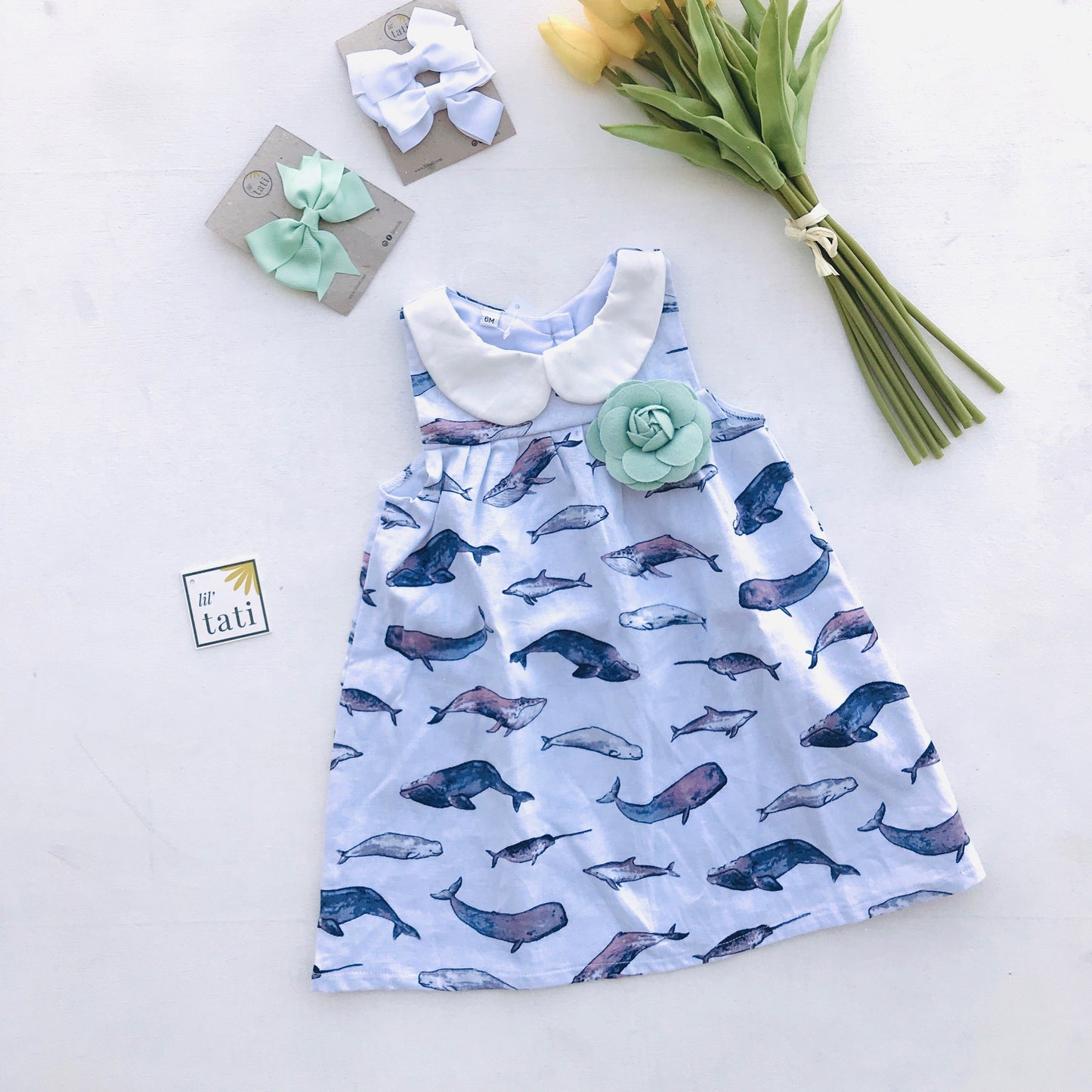 Tea Rose Dress in Indigo Whales Linen - Lil' Tati