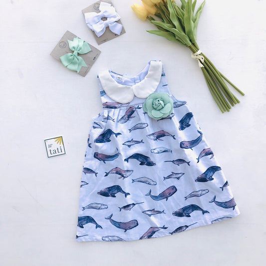 Tea Rose Dress in Indigo Whales Linen - Lil' Tati