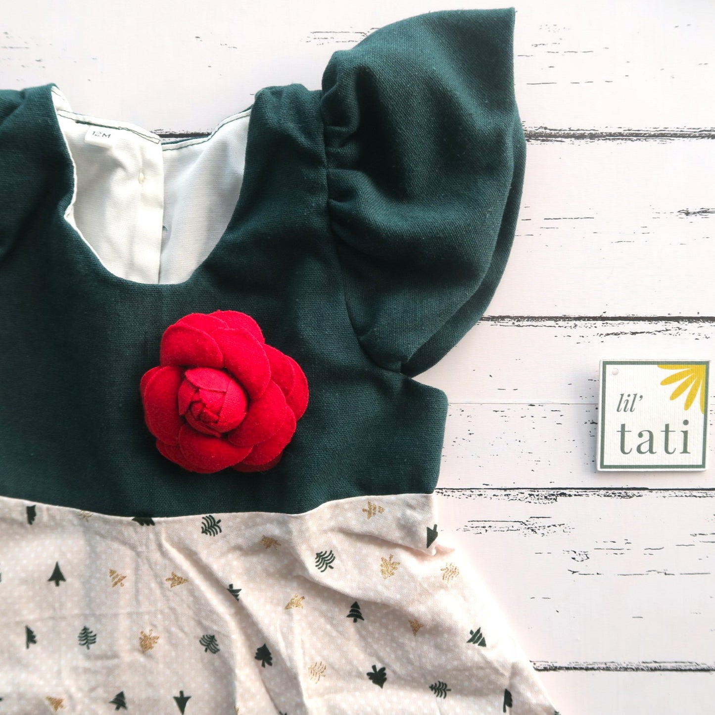 Abelia Dress in Holiday Trees and Green Linen