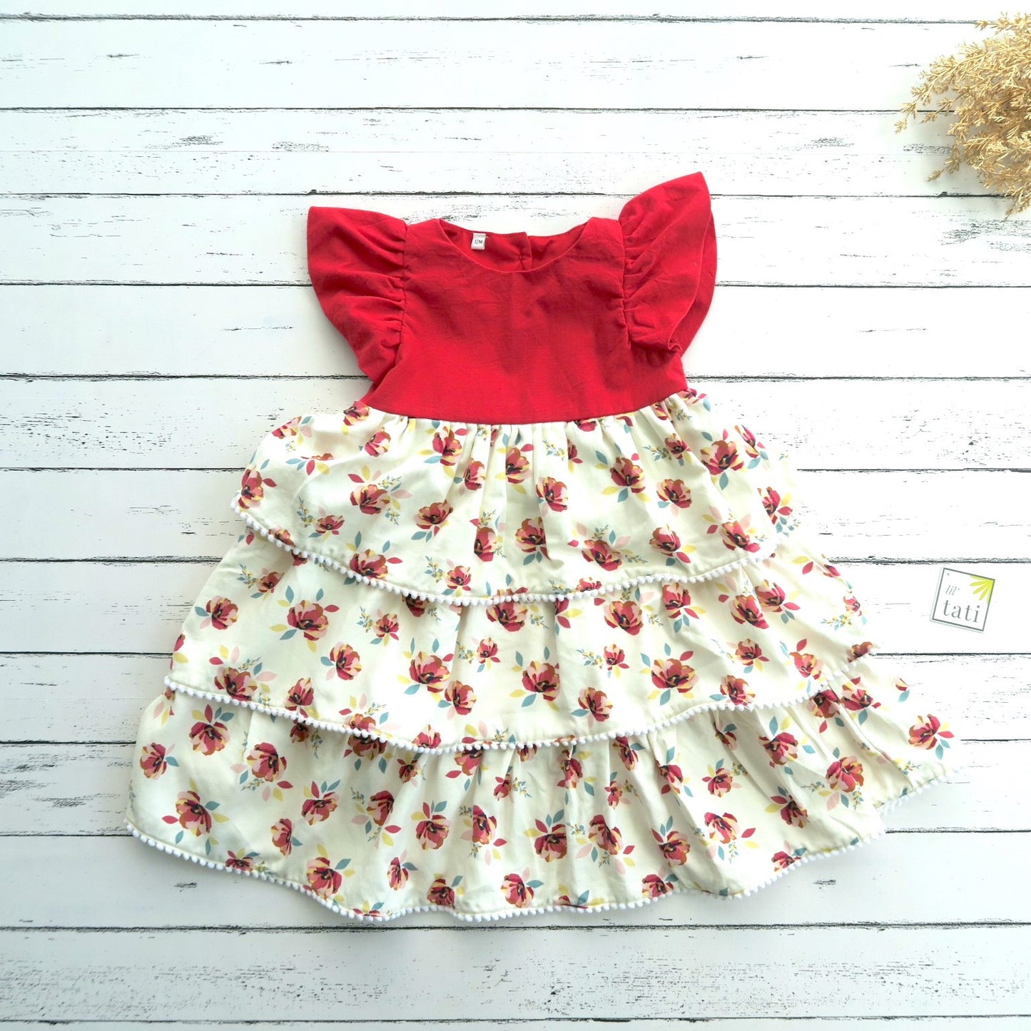 Abelia Layered Dress in Red Linen and Flower Paint