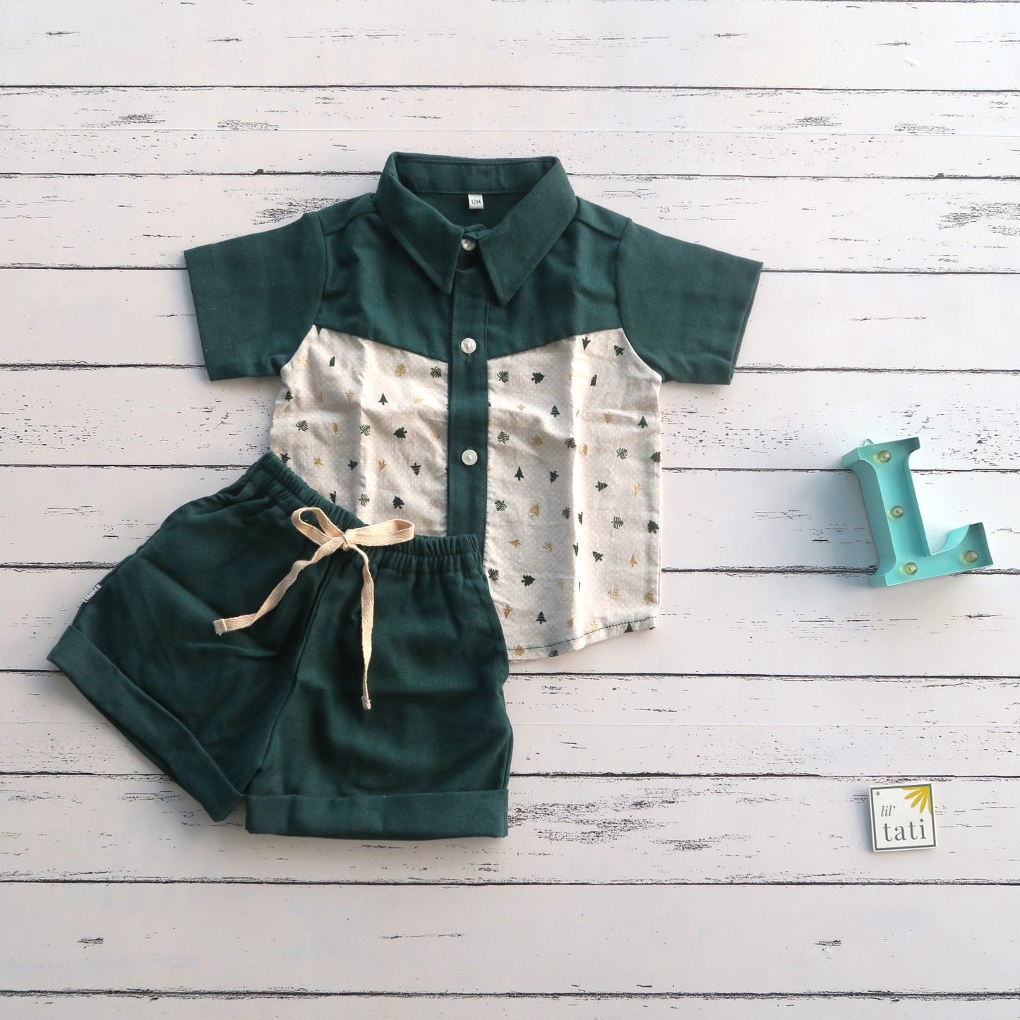 Birch Top & Shorts in Holiday Trees and Dark Green Linen