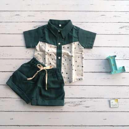 Birch Top & Shorts in Holiday Trees and Dark Green Linen