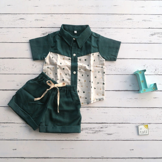 Birch Top & Shorts in Holiday Trees and Dark Green Linen