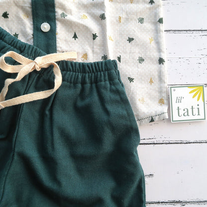 Birch Top & Shorts in Holiday Trees and Dark Green Linen