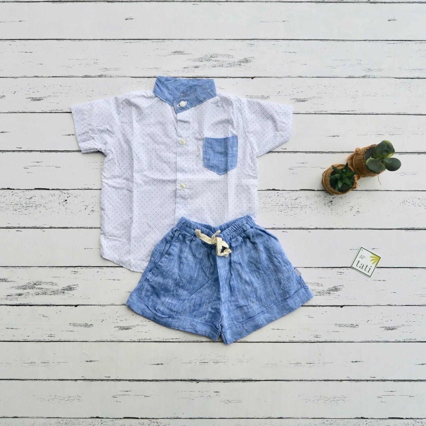 Cedar Top & Shorts in Mini Squares and Bright Blue Linen
