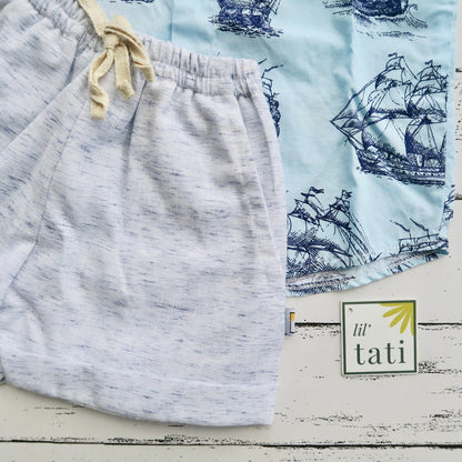 Cedar Top & Shorts in Galleon Blue and Blue Linen Kohibo