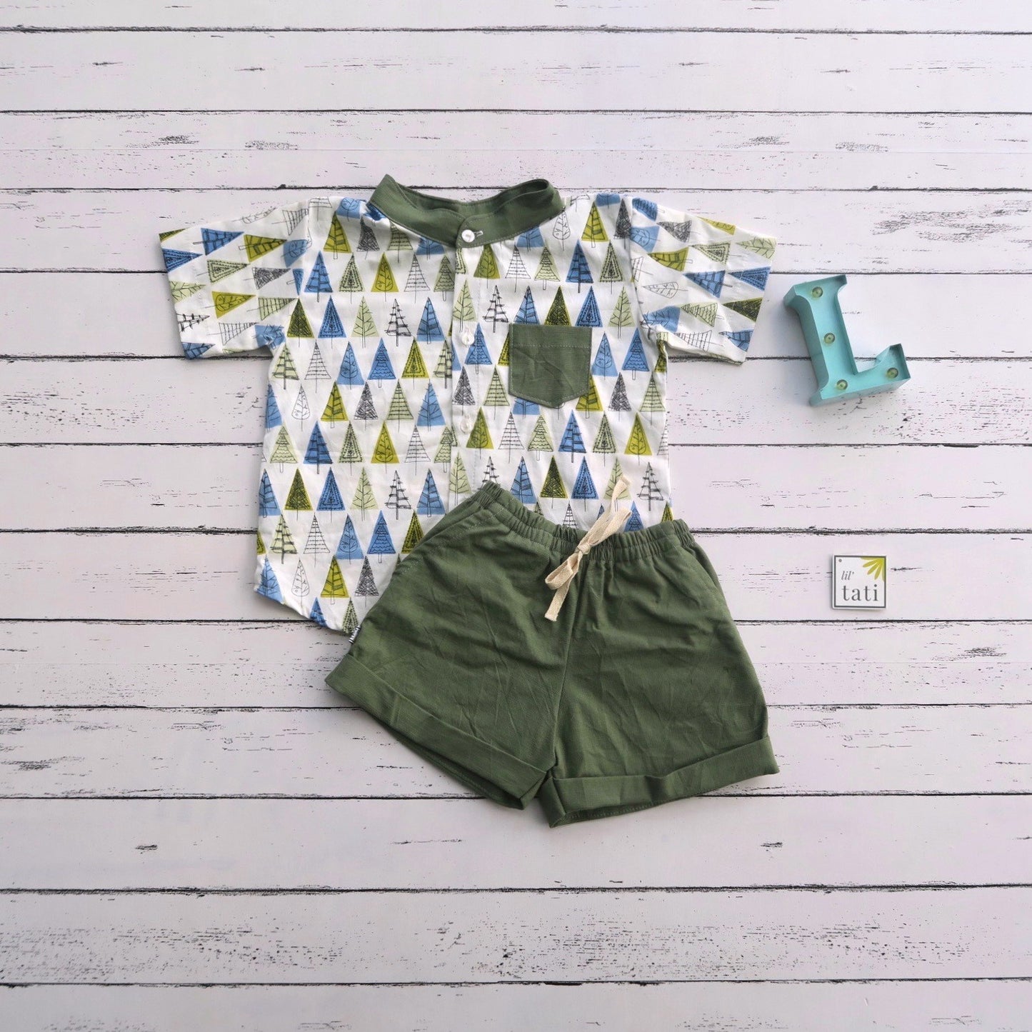 Cedar Top & Shorts in White Trees and Green Linen