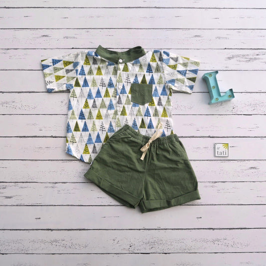 Cedar Top & Shorts in White Trees and Green Linen
