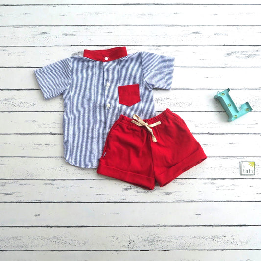 Cedar Top & Shorts in Blue Seersucker and Red Linen