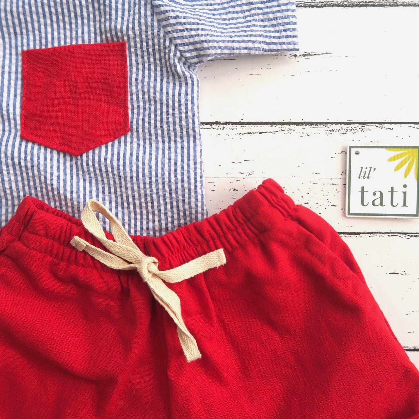 Cedar Top & Shorts in Blue Seersucker and Red Linen
