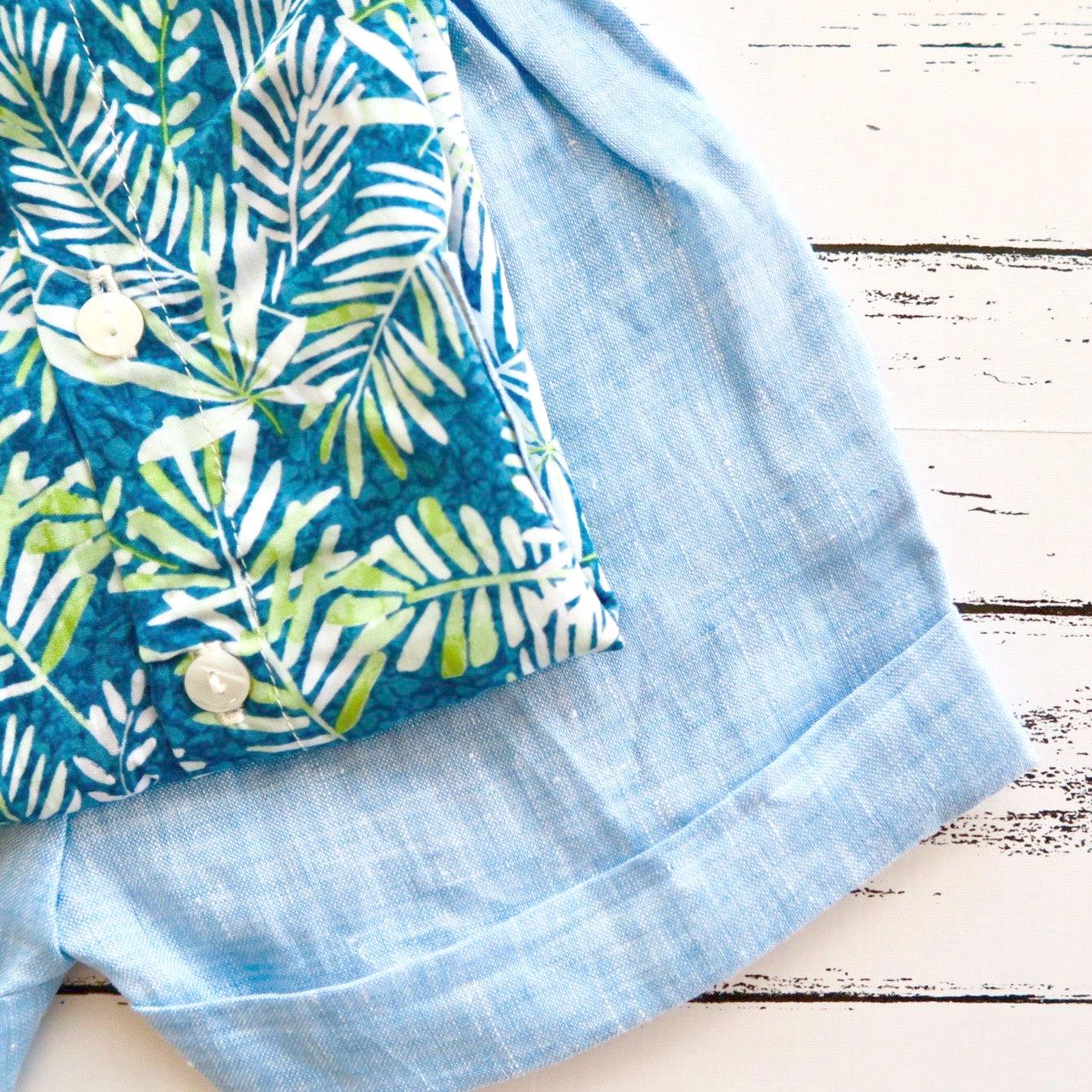 Cedar Top & Shorts in Aloha Leaves Blue and Blue Linen