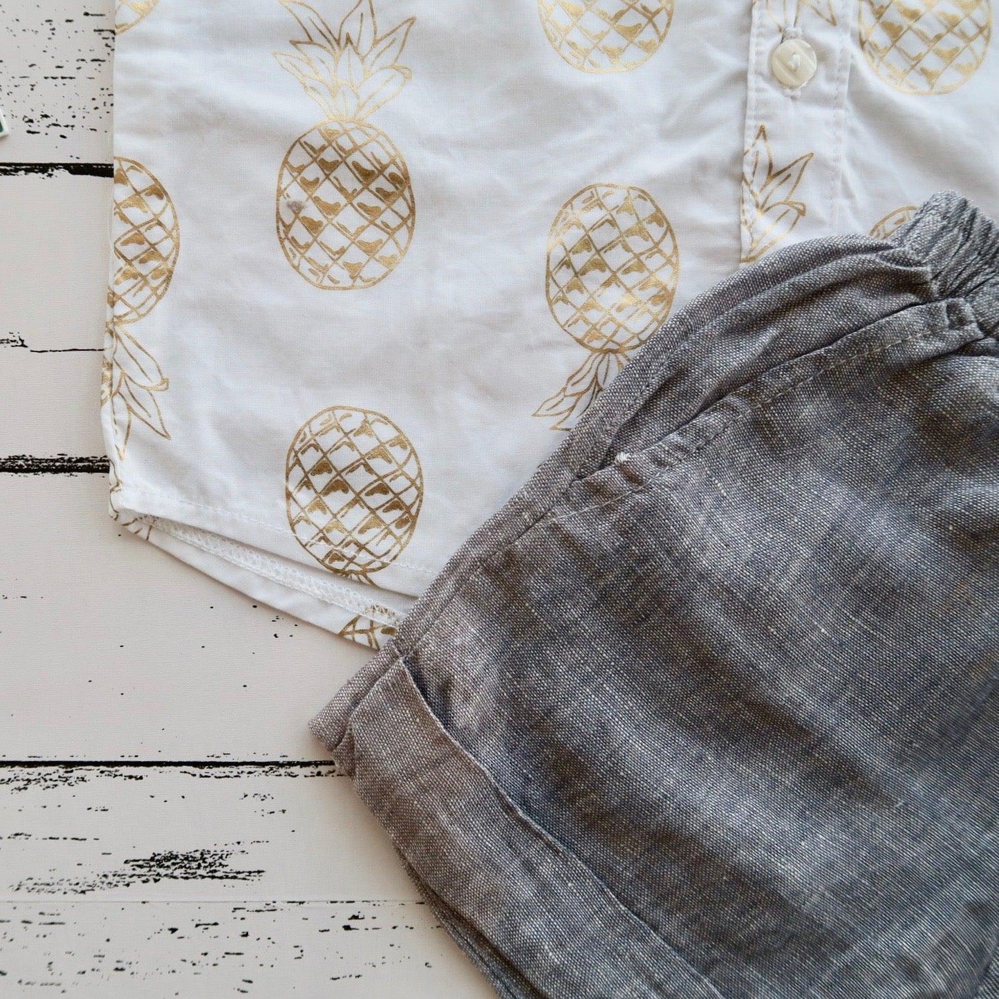 Cedar Top & Shorts in Golden Pineapple and Gray Linen - Lil' Tati