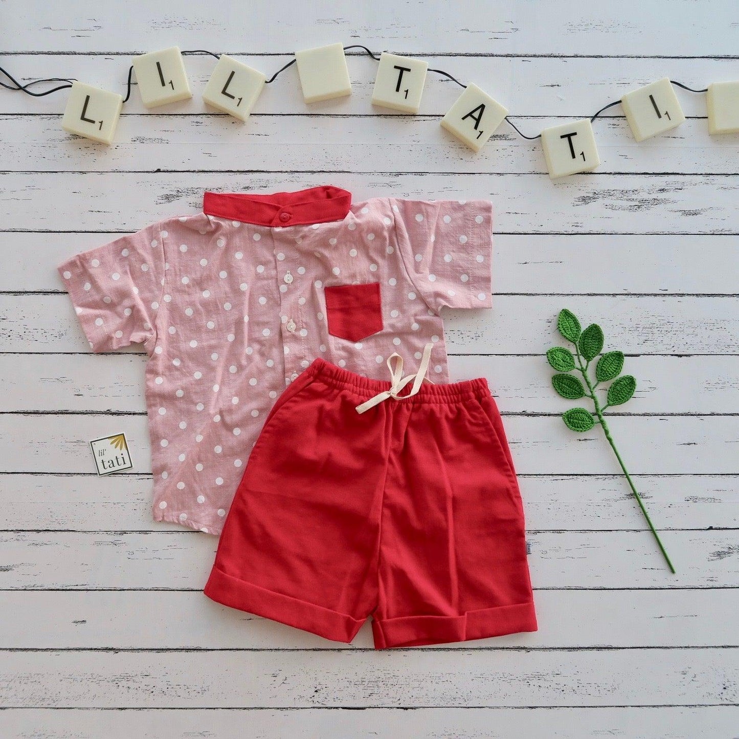 Cedar Top & Shorts in Pink Polka and Red Linen - Lil' Tati