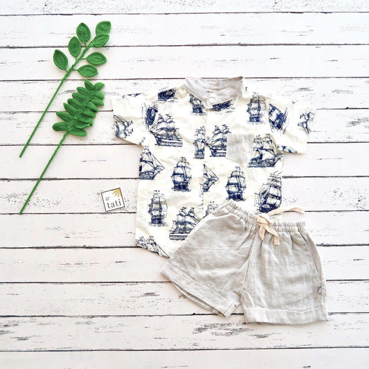 Cedar Top & Shorts in White Galleon and Gray Linen