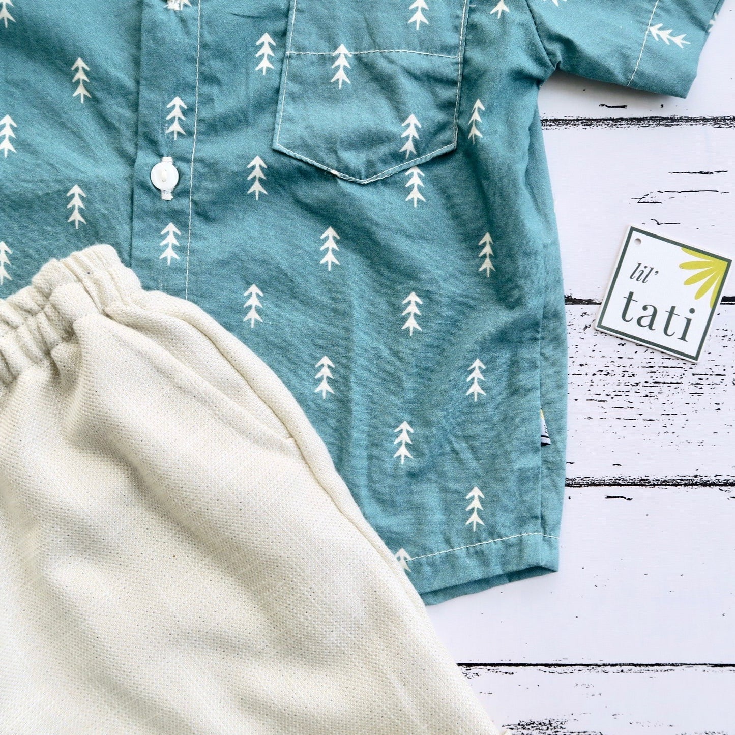 Cedar Top & Shorts in Pine Forest Sage and Beige Linen