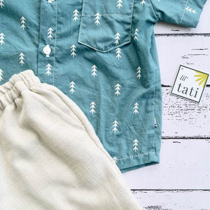 Cedar Top & Shorts in Pine Forest Sage and Beige Linen