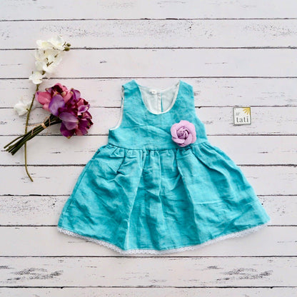 Iris Dress in Teal Linen - Lil' Tati