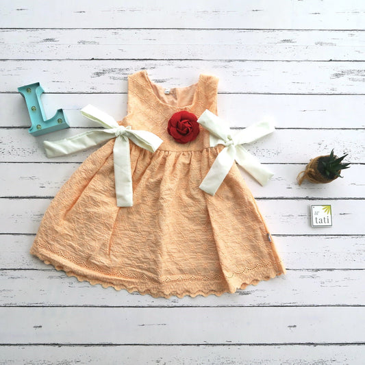 Iris Dress - Side Ribbons in Peach Floral Eyelet