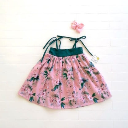 Kalina Dress in Pink Hawaiian and Green Linen