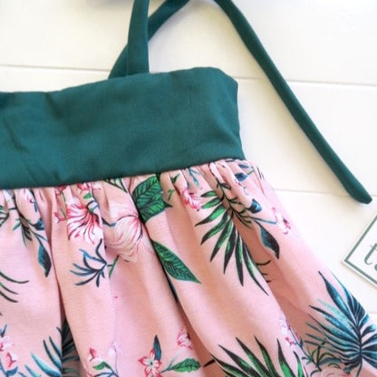Kalina Dress in Pink Hawaiian and Green Linen