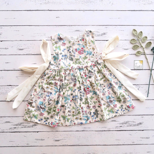 Iris Dress -Side Ribbons in Bed of Flowers Cream