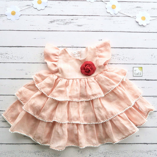 Petunia Layered Dress in Peach Square Linen