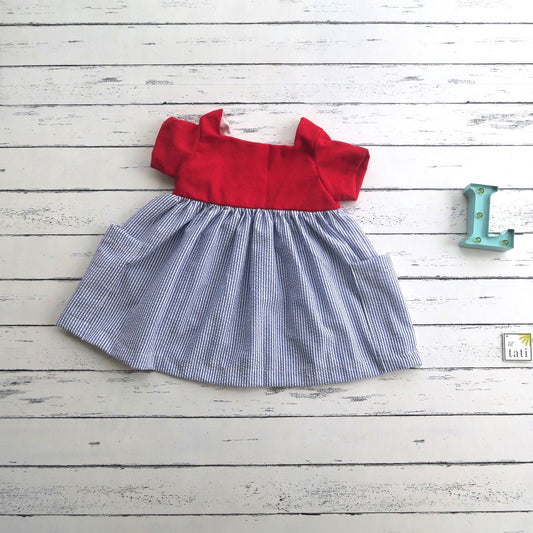 Pansy Dress in Blue Seersucker and Red Linen