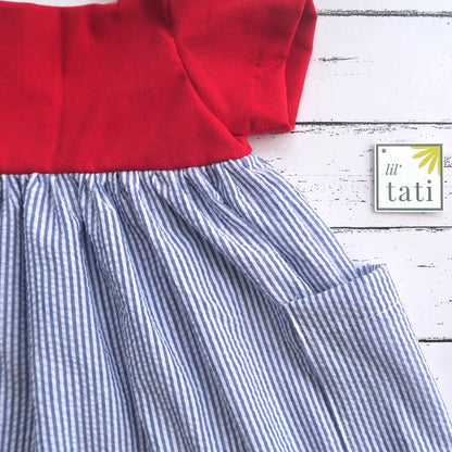 Pansy Dress in Blue Seersucker and Red Linen