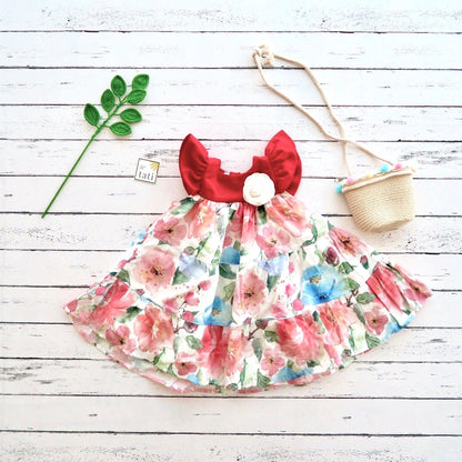 Petunia Dress in Red Linen and Watercolor Flower