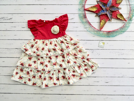 Petunia Dress in Red Linen and Flower Paint