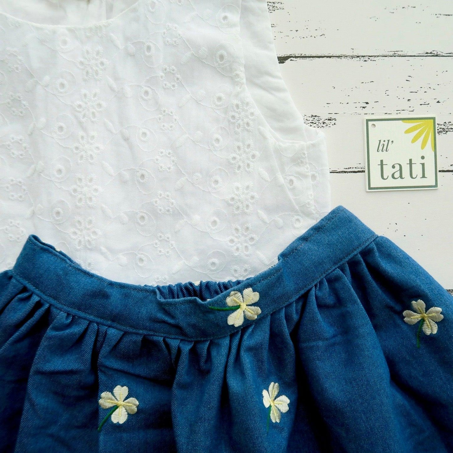 Sage Top and Skirt in White Eyelet and Blue Floral Embroidery - Lil' Tati