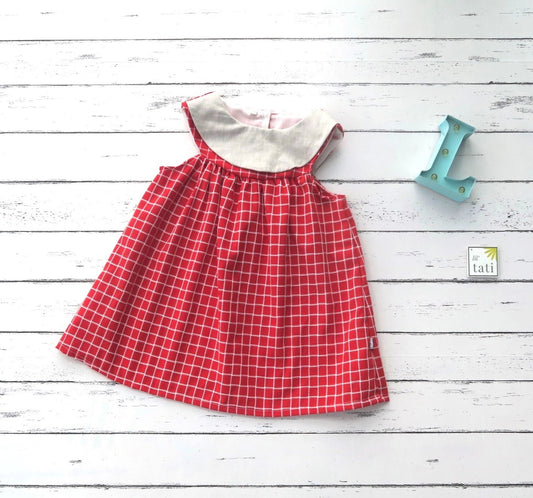 Silene Dress in Red Grid and Beige Linen